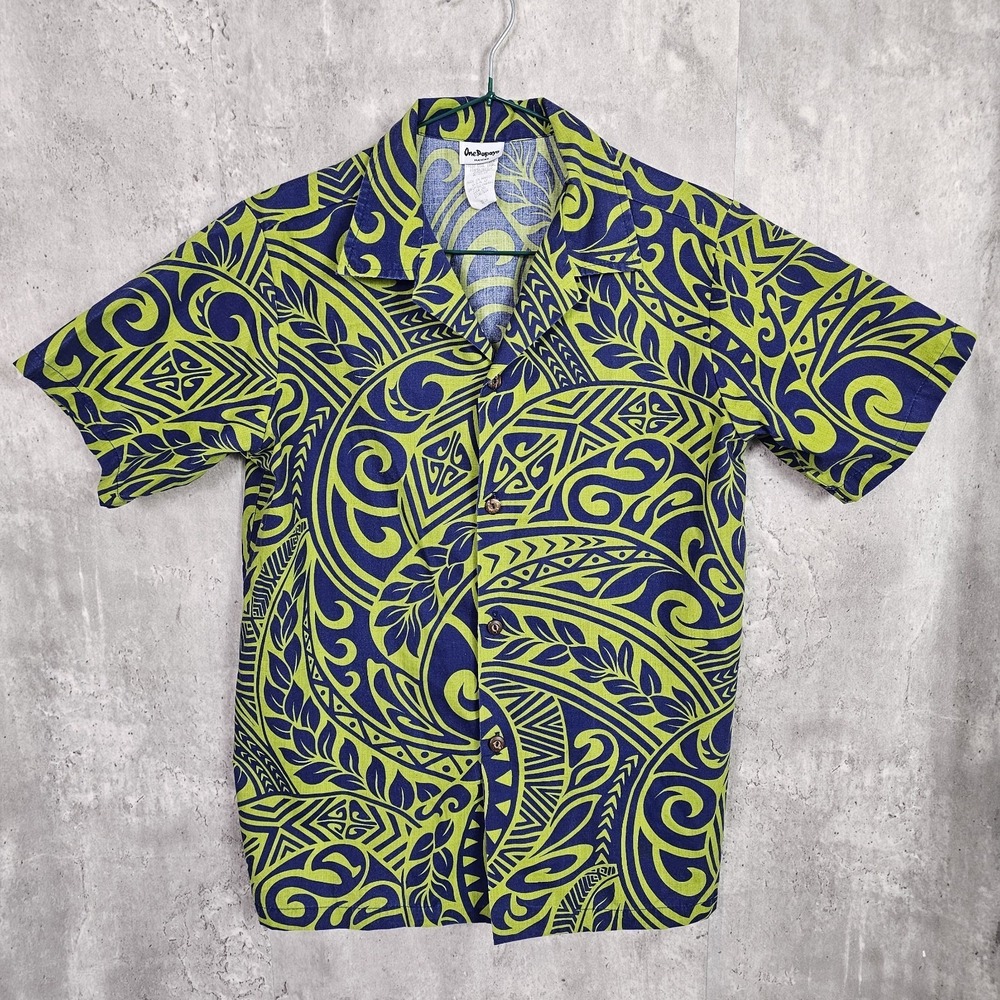 Vintage 90s One Papaya Youth 14 Blue & Green Hawaiian Tribal Pattern Aloha Shirt
